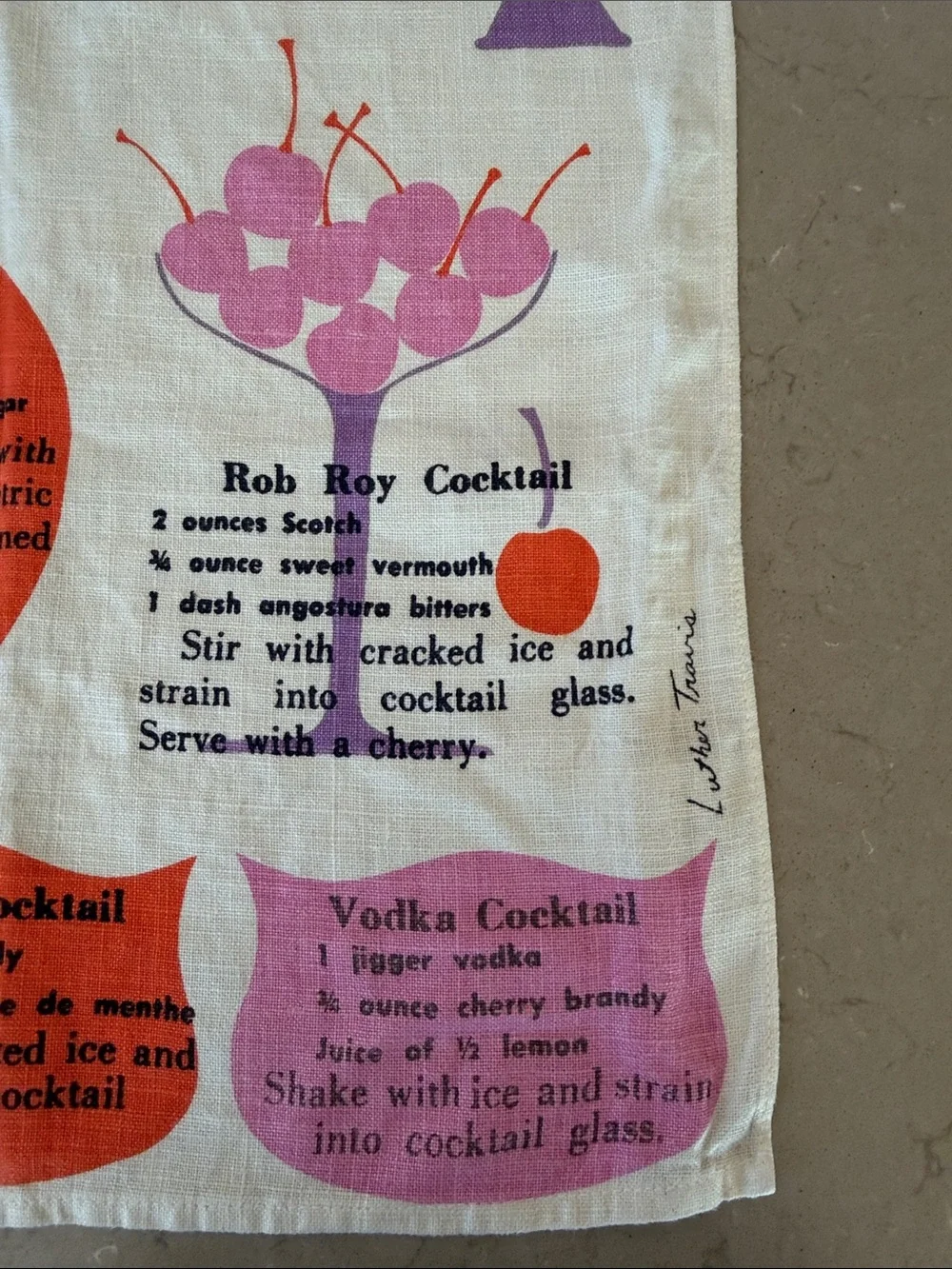 Vintage Luther Travis Cocktail Recipe Kitchen Tea Towel MCM - Pink Orange Purple